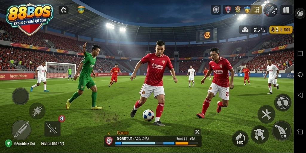 Screenshot 88BOS menampilkan aksi menegangkan di lapangan sepak bola.