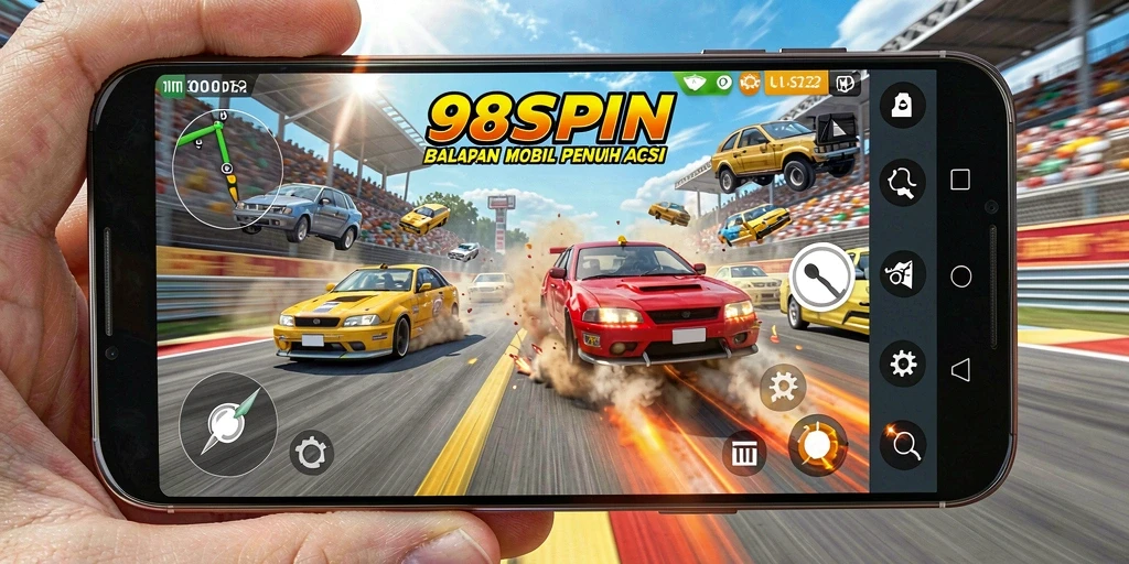 Tampilan gameplay 98SPIN yang mendebarkan dengan mobil balap yang cepat.