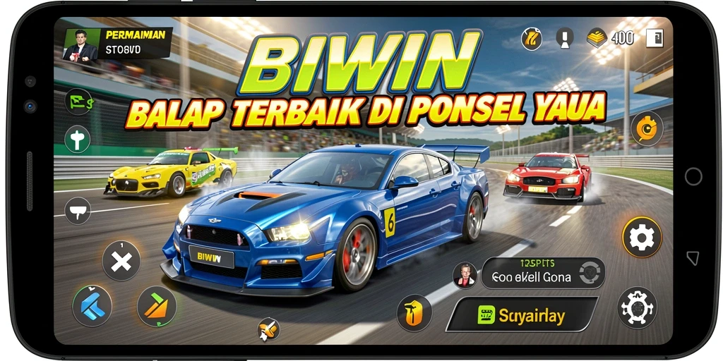 Screenshot gameplay BIWIN dengan mobil balap melaju kencang di trek menantang.