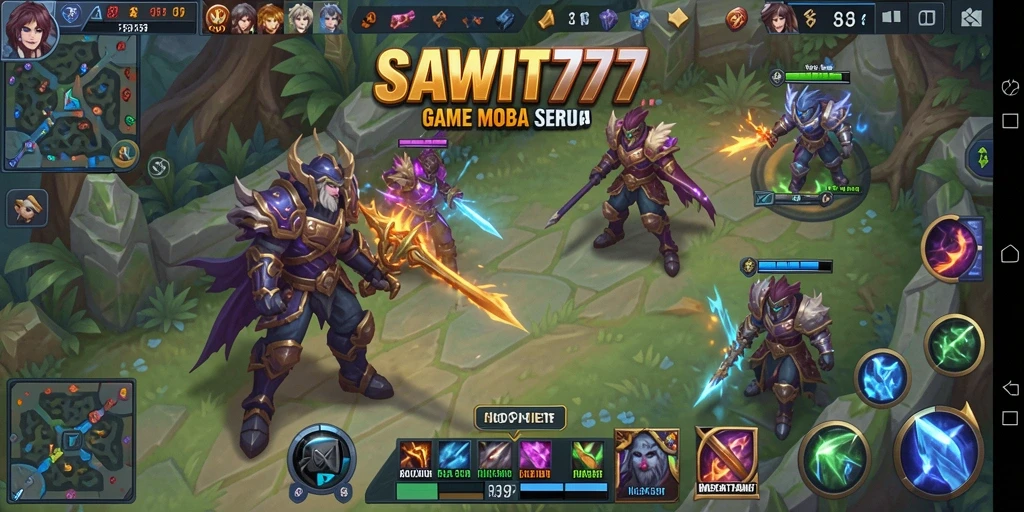 Tampilan gameplay epik dalam SAWIT777, pertarungan tim yang seru.