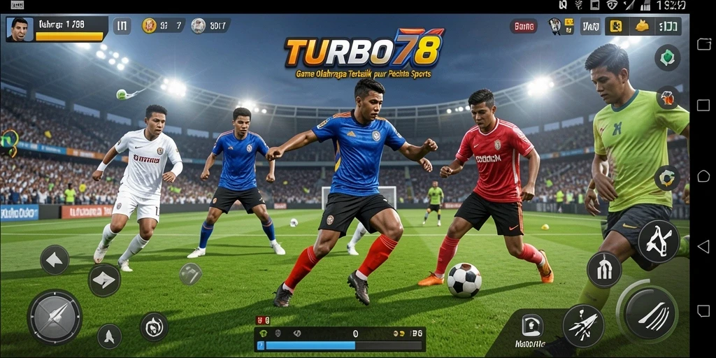 Screenshot utama TURBO78 menunjukkan aksi intens di lapangan olahraga.