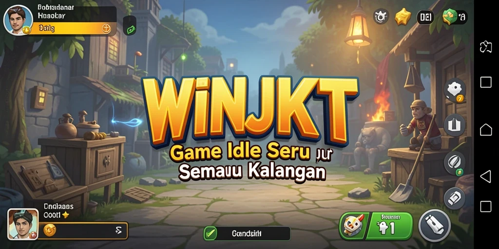 Tampilan screenshot <strong>WINJKT</strong> menampilkan dunia game Idle yang penuh warna dan karakter lucu.